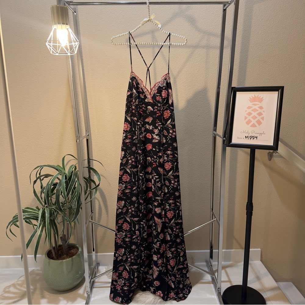 Max Studio size Large black and pink floral spaghetti straps maxi dress.